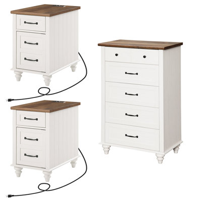 Ensemble 3 pièces de commode et table de chevet, une commode 5 tiroirs et deux tables de chevet, blanc