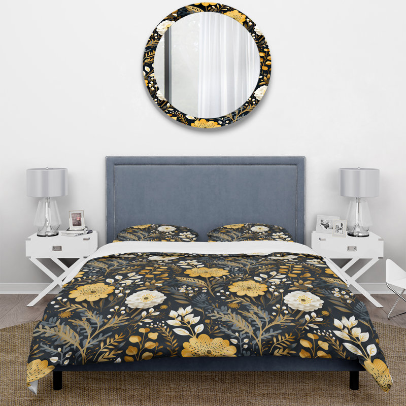 Noir et jaune Boho Botanical - Ensemble de housse de couette Boho - Polyester en microfibre