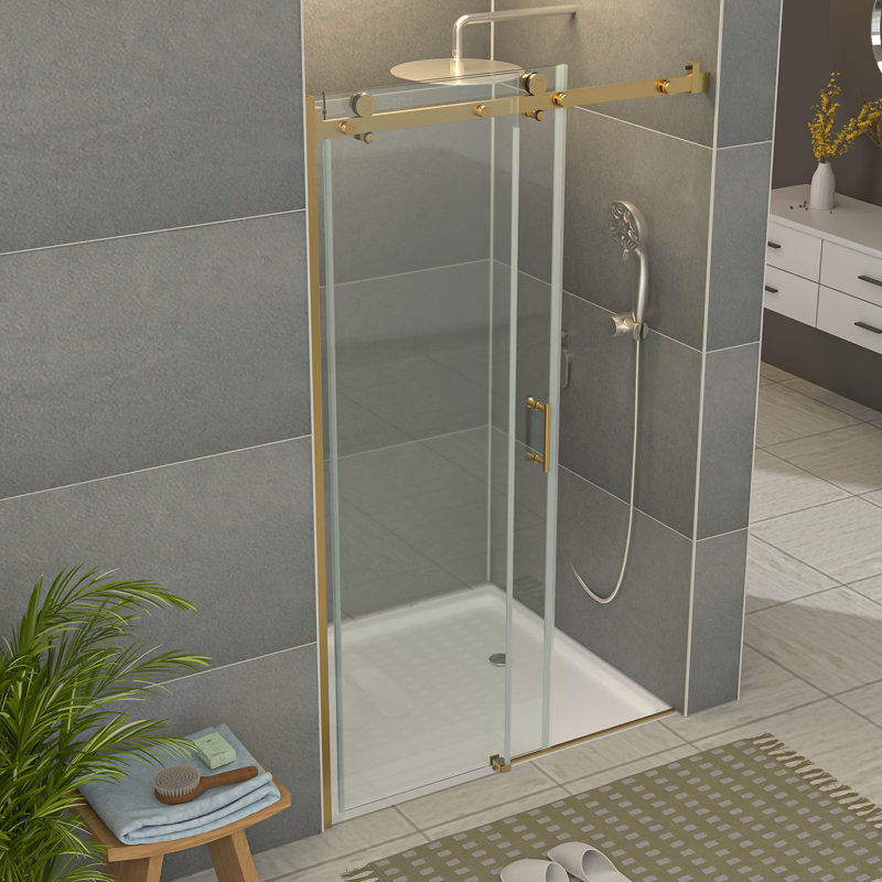 Porte de douche coulissante simple sans cadre de 48 à 49 po x H 76 po avec verre trempé transparent de 5/16 po, Doré
