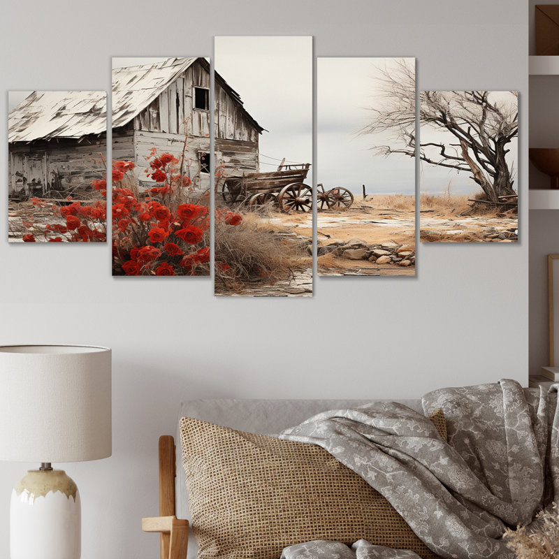 «Red Farmhouse Rustic Elegance I» sur toile, reproduction de 5 pièces