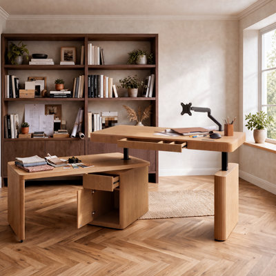 Bachman 63"L Electric Standing Office Desk with 360-Degree Rotating Desk, Storage Shelf, Cabinet and Solid Wood Office Desk