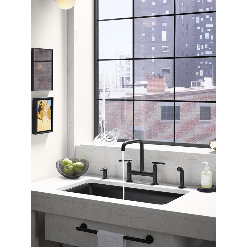 Kohler Purist® Two Handle Deck-Mounted Bridge Kitchen Sink Faucet with Pull Out Side Sprayer, Vibrant Brushed Moderne Brass