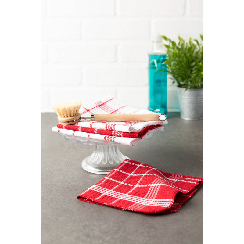 Waffle Weave Cotton Plaid Waffle Dish Cloth Kitchen Towel, Red