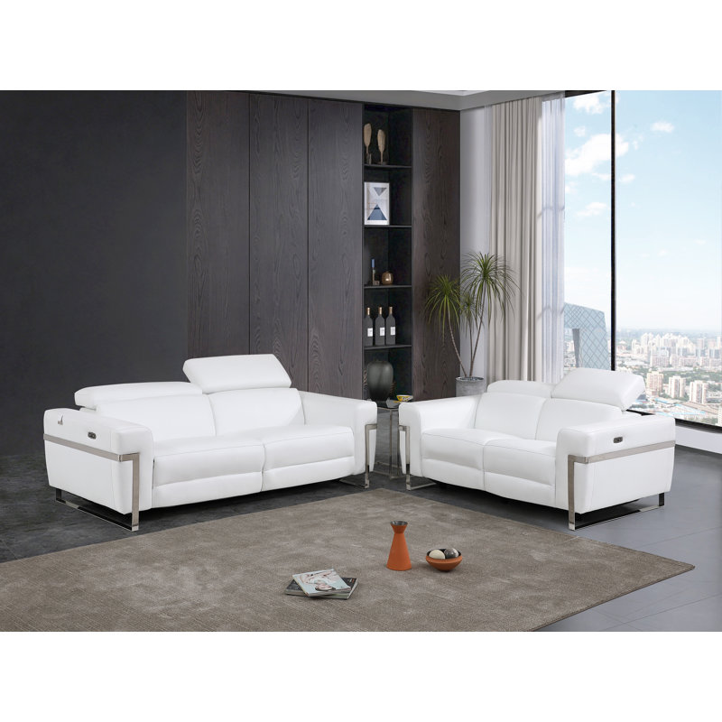 Ensemble de canapé et causeuse inclinable électrique en cuir italien Weems, Cuir véritable blanc