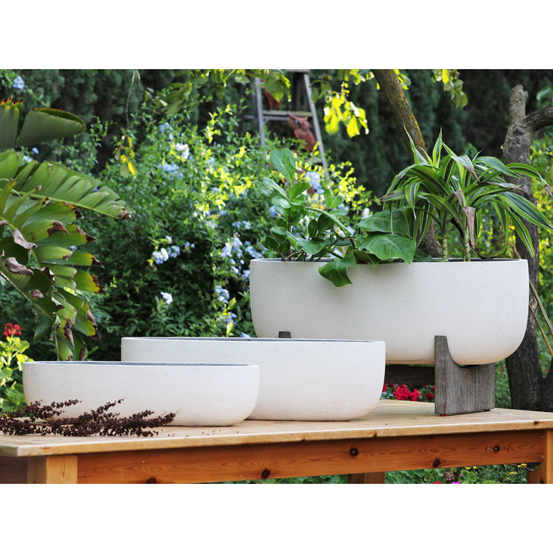 Jardinière ovale vénitienne avec support en bois d'acacia, très grande, légère, en fibre de verre, lot de 3 - Intérieur/Extérieur