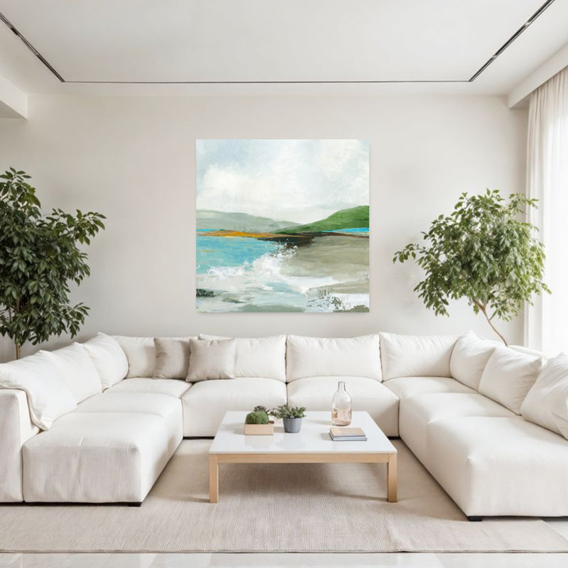 «Coastal Serenity With Green Hills», art mural côtier, H 48 po x l 48 po