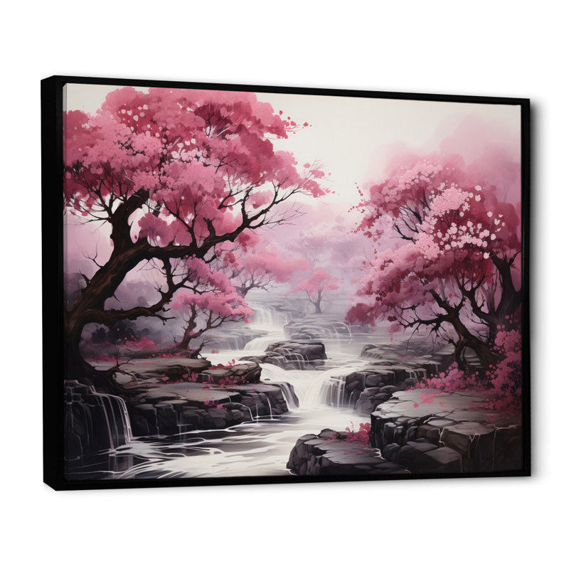 «Pink Trees Waterfall Endless Journey» - Art mural cascade, H 24 po x l 32 po x P 1 po, Cadre flottant noir