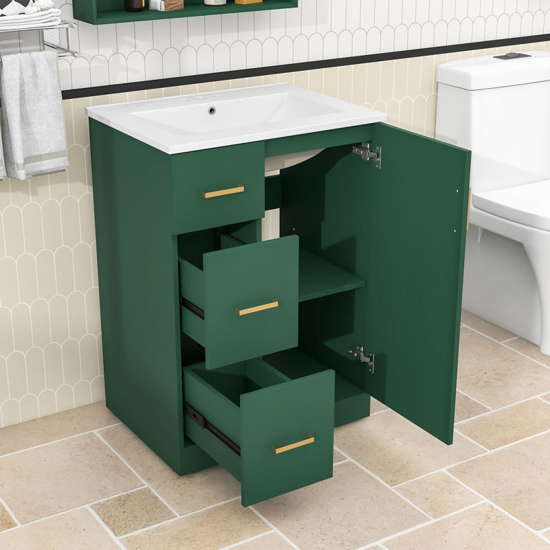 Meuble-lavabo de 24 po avec lavabo, tiroirs fermés et tablettes réglables, Vert