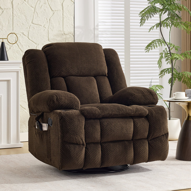 41.3" Wide Swivel Rocker Recliner Chair With Vibration Relaxation & Dual Cup Holder & Side Pocket, Plush Velvet/Chocolate