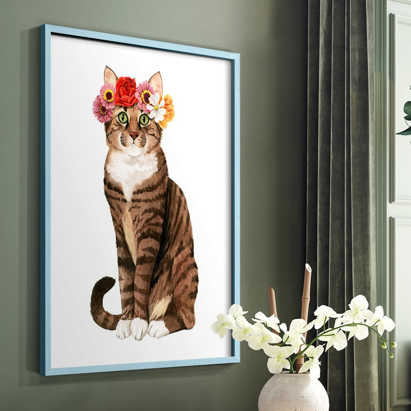 «Flower Crown Cats II», reproduction encadrée - bois massif, Bleu, H 10 po x l 8 po