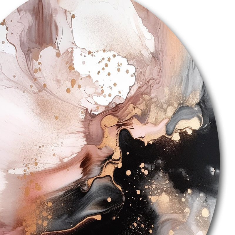 «Pink Gold Splash Marble II», art mural rond en marbre abstrait sur métal, H 29 po x l 29 po x P 1 po