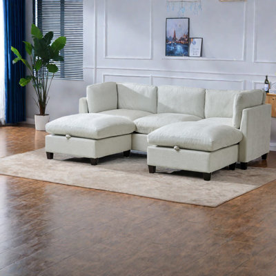 Modern Beige Sectionals Couch, Chenille Upholstered With Storage For Home Living Room