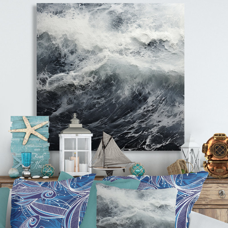 Tempête de vague noire et blanche sur toile, H 36 po x l 36 po x P 1,5 po, Toile tendue