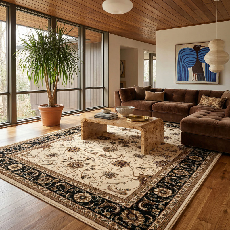 Rug Branch Yasmin Beige/Black Persian Medallion Indoor Area Rug, Traditional, Low Pile, Stain-Resistant Carpet - Living Room, Bedroom, Dining Room, and Kitchen