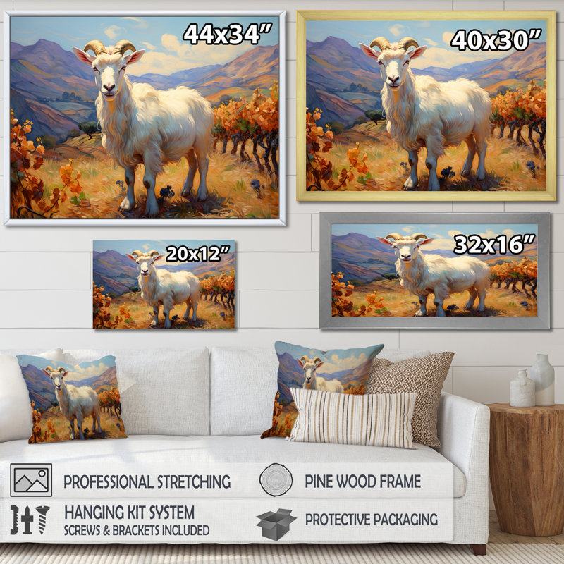 «White Caprine Goat Charm Meadows II», art mural animal de chèvre, Cadre d'angle fermé doré, H 24 po x l 32 po x P 1 po