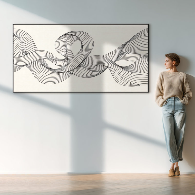 Très grand art mural imprimé sur tissu - Lignes de ruban abstraites grises, décor de bureau minimaliste - «Assemblage requis du cadre (cadre non fini)»