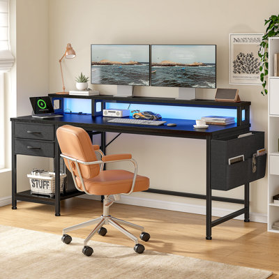 Computer Desk With Monitor Stand & Power Outlet & 2 Drawers & Side Pocket,gaming Desk With Led Lights by Wrought Studio