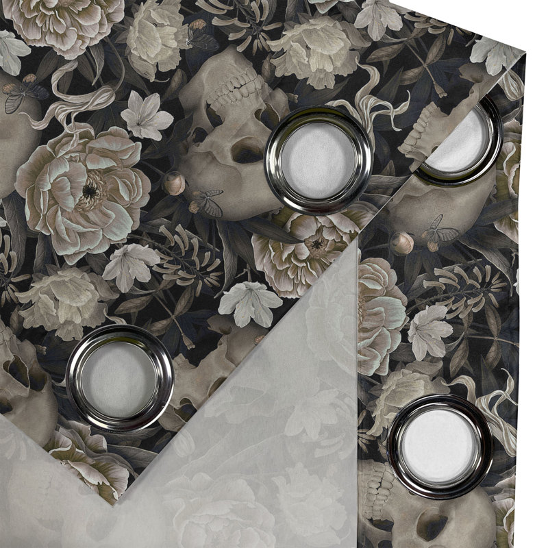 Rideau à œillets Dakota Fields, crânes floraux, feuilles, gris anthracite et brun clair, L 50 po x L 108 po