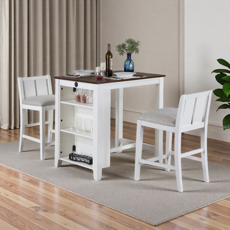 Table de salle à manger 3 pièces avec tablettes et 2 chaises solides, Blanc, Brun
