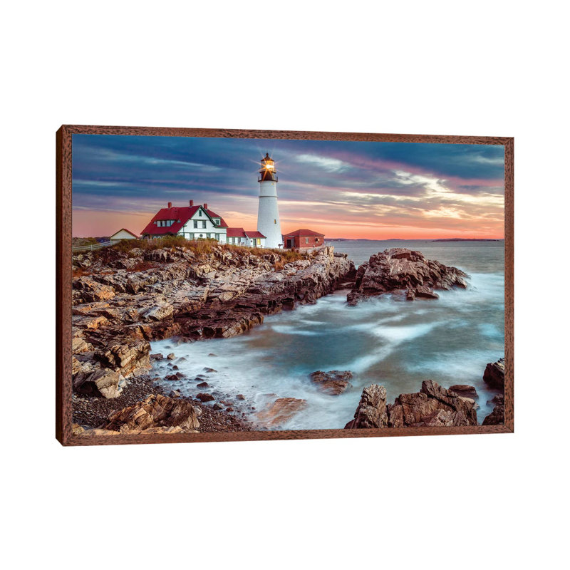 Cape Elizabeth Stormy Sunrise, Portland Maine New England by Susanne Kremer - Print on Canvas, Classic Brown Wood Framed