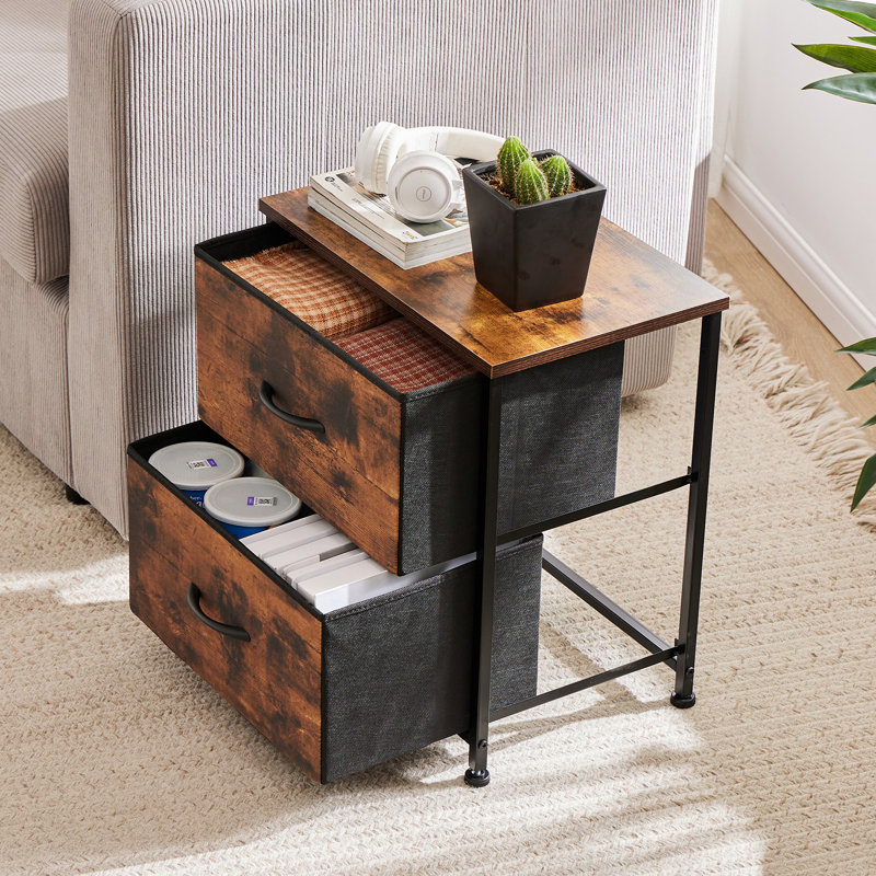 Structure de lit simple en métal avec ensemble de chambre à coucher avec 2 tables de chevet, table de chevet avec structure en métal et plateau en bois, tiroirs en tissu