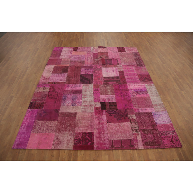 Tapis géométrique en laine rose fuchsia patchwork 8 x 10