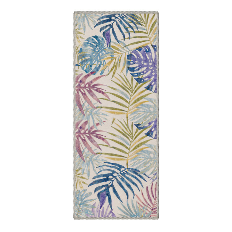 Abrahamson Verdant Tropical Machine Washable Beige / Green / Blue / Purple Indoor Area Rug with Non-Slip Backing
