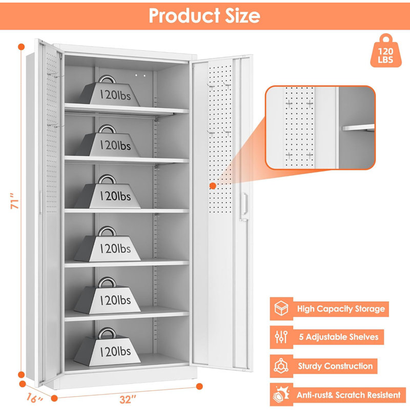 Metal Storage Cabinet with 5 Adjustable Shelves and Pegboard,  Garage Storage Cabinet with Lockable Doors for Garage,Office,Home,Gym,School, Lockable File Cabinet, White