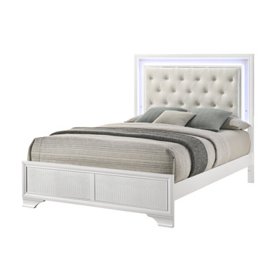 Modern Bed In King Size, Button Headboard With Led Lights And Linen Look Fabric Frost/oat Color For Bedroom Featuring Lighting Upholstered