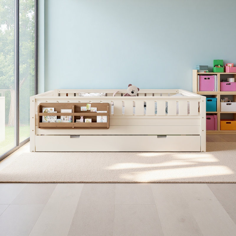 Grand avec bibliothèque intégrée et petit escalier, rails de sécurité de haute qualité et lit gigogne, Beige