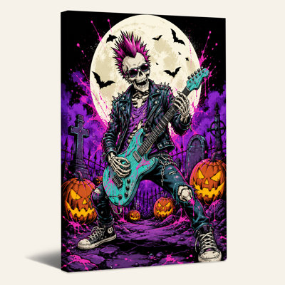 Toile squelette punk rocker jouant de la guitare bleu sarcelle sur toile d'Halloween