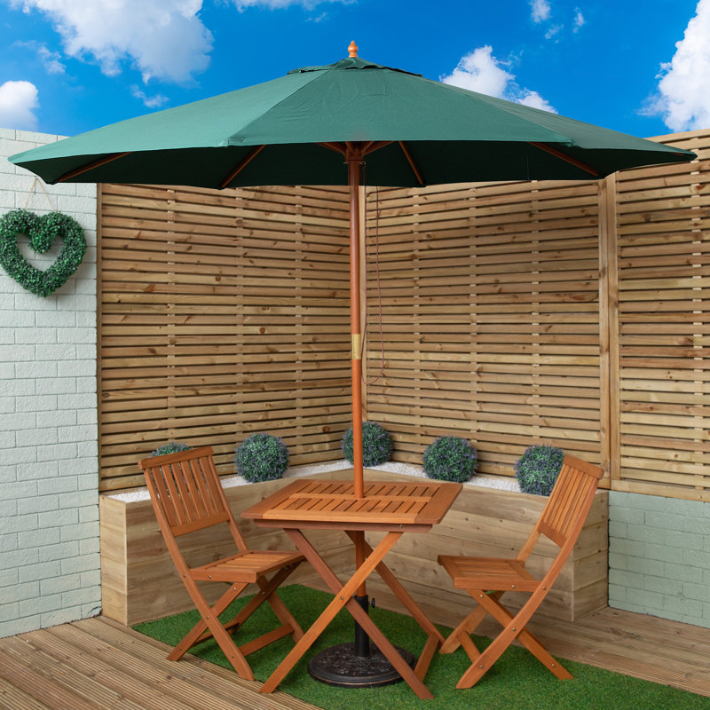 Gillian Outdoor Folding Wooden Garden Dining Table Chairs Parasol And Base Set, 3 Pieces: Table, 2 Chairs, Green