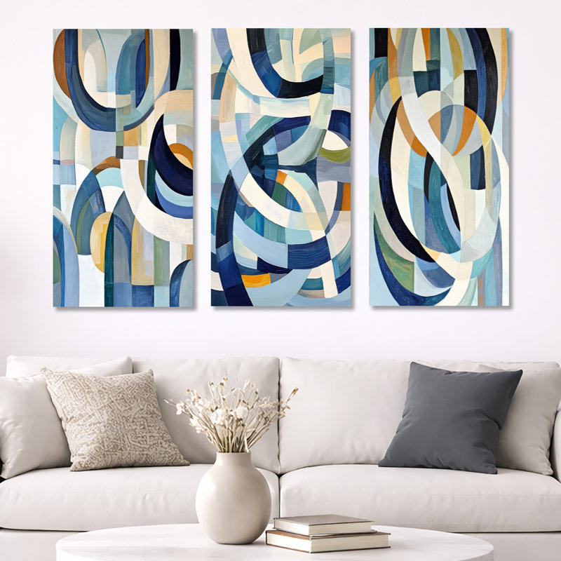 «Cubist White Blue Reality I», art géométrique abstrait encadré, 3 pièces, 40" H x 60" W, Wrapped Canvas