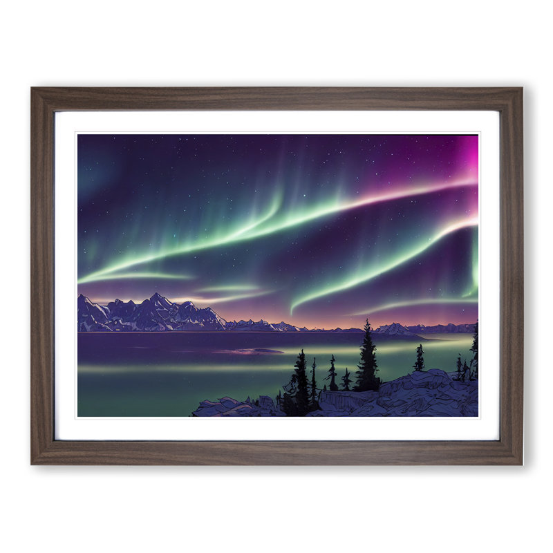 Enigmatic Aurora Borealis - Single Picture Frame Print, 25cm H x 34cm W x 2cm D, Walnut Framed