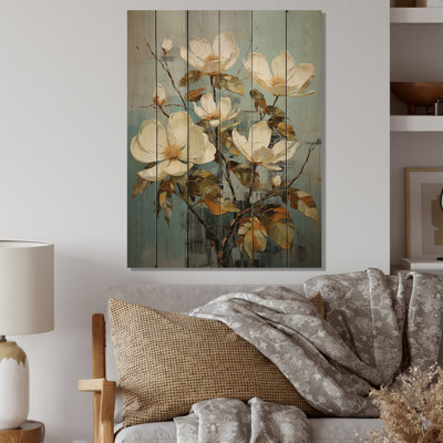 Blanc blanc vert Magnolias Southern Patchwork sur bois imprimé