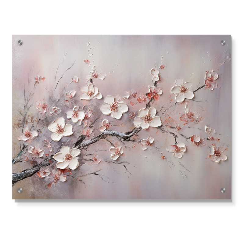 Rose et gris cerisier en fleurs - Art mural acrylique fleurs pour le salon, H 24 po x l 32 po