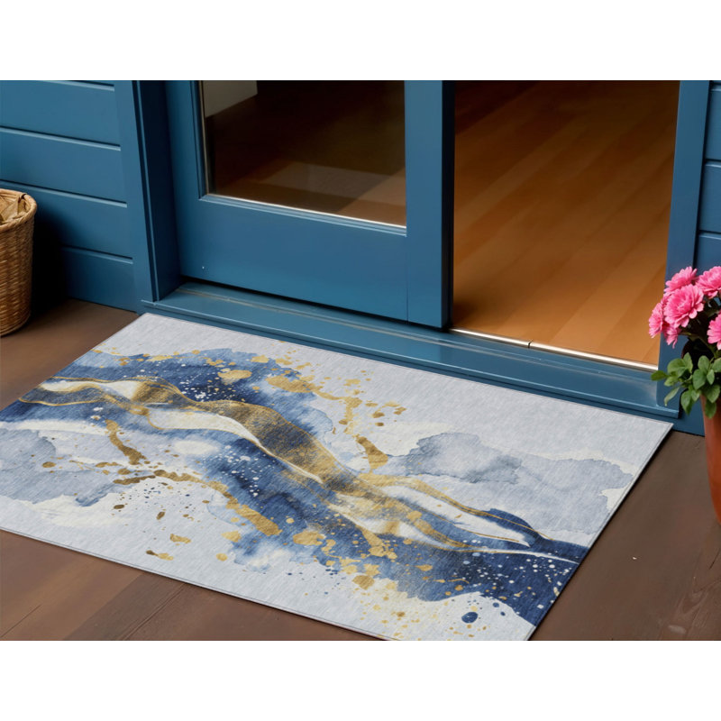 3' X 5' Blue And Gold Abstract Washable Indoor Outdoor Area Rug
