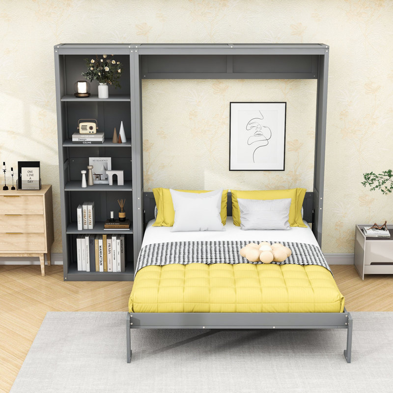 Lit escamotable en bois avec tablettes multifonctionnelles, Gris, Double