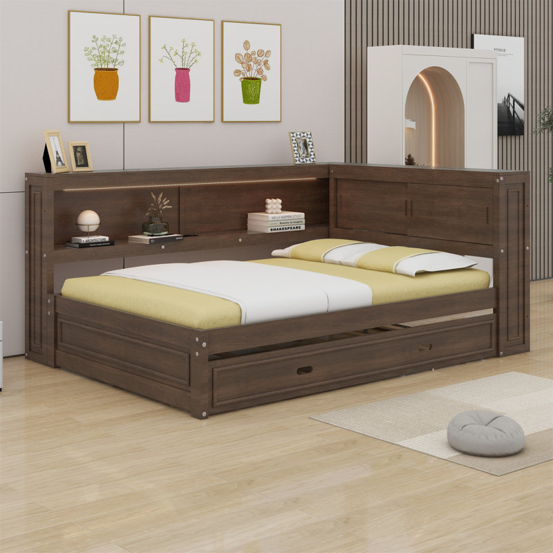 Daybed With Storage Shelves, USB, LED, And Trundle, Antique Wood