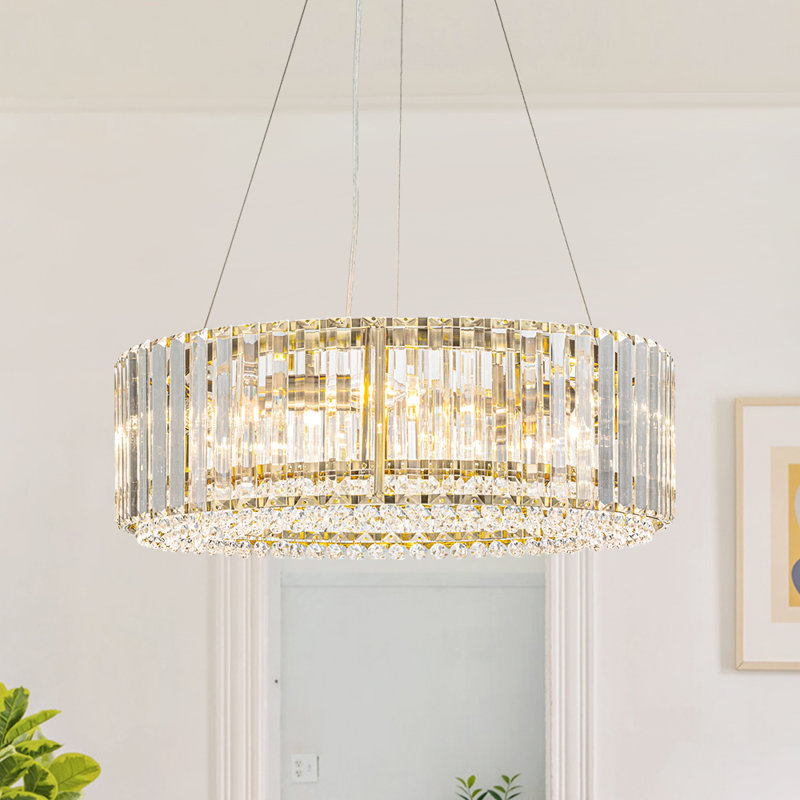 6- Light Modern Mid-Century Luxury Round Crystal Chandelier Chrome Drum Crystal Pendant Living Room, Brass, 6