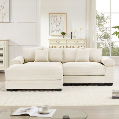 Finnell L-Shaped Corduroy Upholstered Sectional Sofa with Ottoman & Throw Pillows