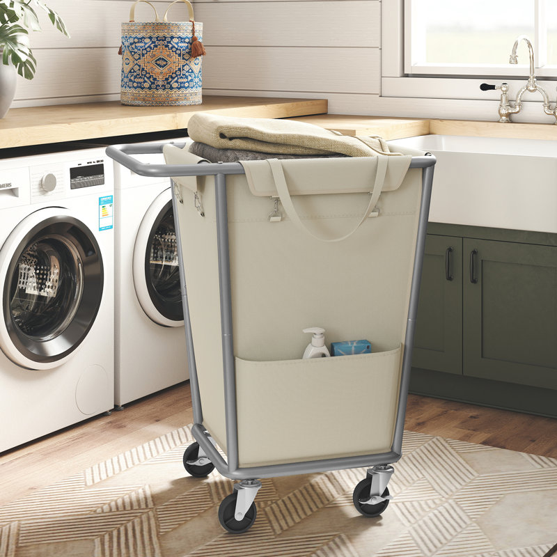 Laundry Basket With Wheels, Removable Bag, Steel Frame, , Cream White