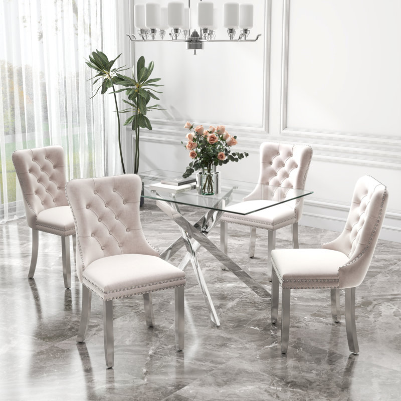 Ensemble de table de salle à manger rectangulaire en verre trempé, table de salle à manger de luxe avec chaise de salle à manger en velours capitonné