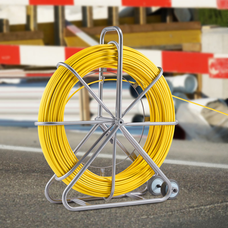 Fish Tape Fiberglass, 656 ft, 5/16 in, Duct Rodder Fishtape Wire Puller, Cable Running Rod with Steel Reel Stand, 3 Pulling Heads, Fishing Tools for Walls and Electrical Conduit, Non-Conductive