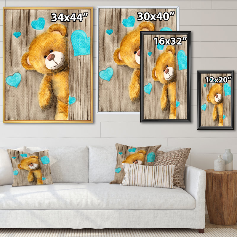 Adorable ourson brun avec cœurs bleus - reproduction sur toile, H 40 po x l 30 po x P 1,5 po, Cadre flottant doré