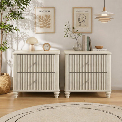 Table de chevet cannelée 2 pièces, table d'appoint de 21,65 po de largeur avec 3 tiroirs, table de chevet moderne en bois avec poignée en métal, table de chevet en bois pour la chambre à coucher, le salon et le placard