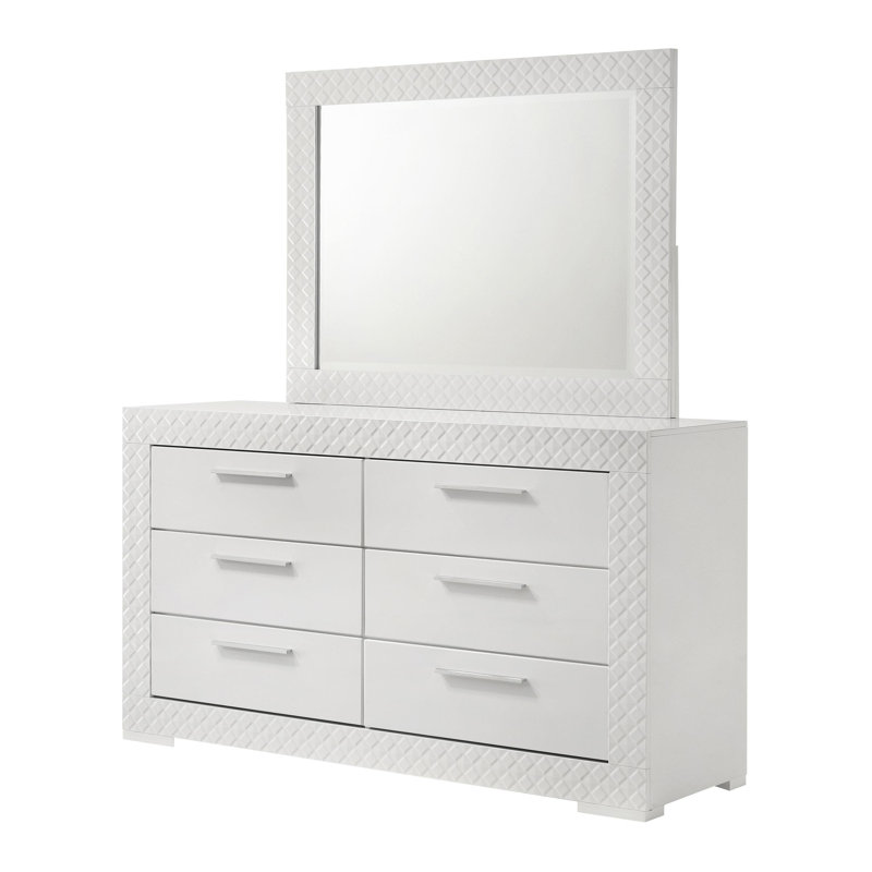 Commode 6 tiroirs et miroir blanc brillant