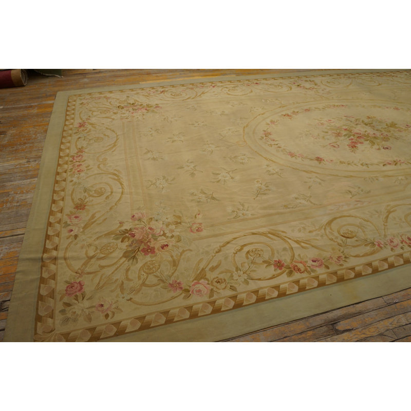 Antique Aubusson Large Room Size Wool Ivory Rug