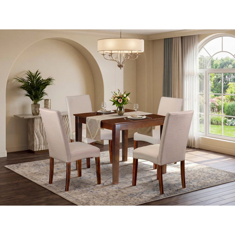 5 Piece Kitchen Table & Chairs Set Includes a Square Dining Room Table and 4 Cream Linen Fabric Parsons Dining Room Chairs, Mahogany