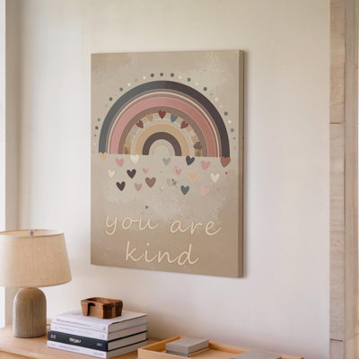 Pastel Rainbow And Hearts You Are Kind Inspirational Canvas Wall Art Ready To Hang Gallery Wrapped Home Decor Modern Design Premium Quality